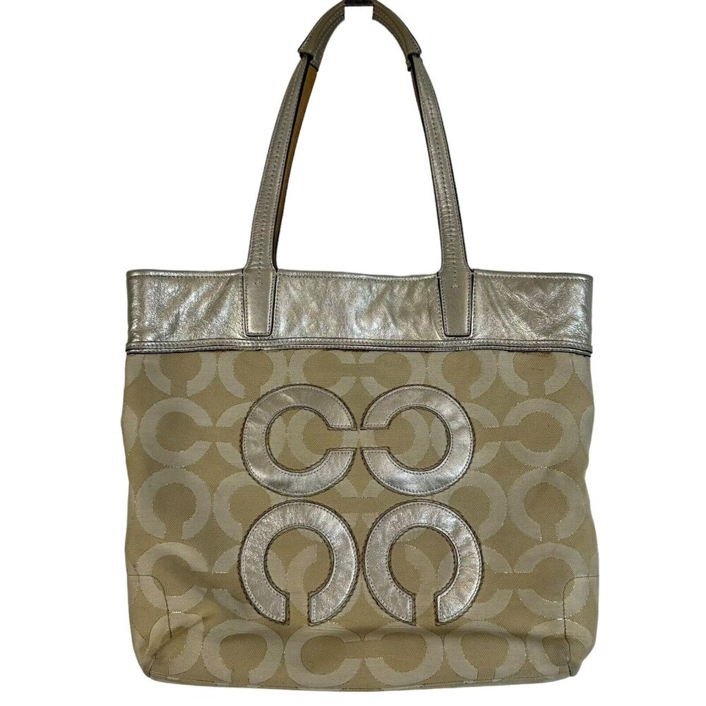Authentic Coach Audrey OP Art Signature Large Tote Bag Purse 17035 Khaki/Gold